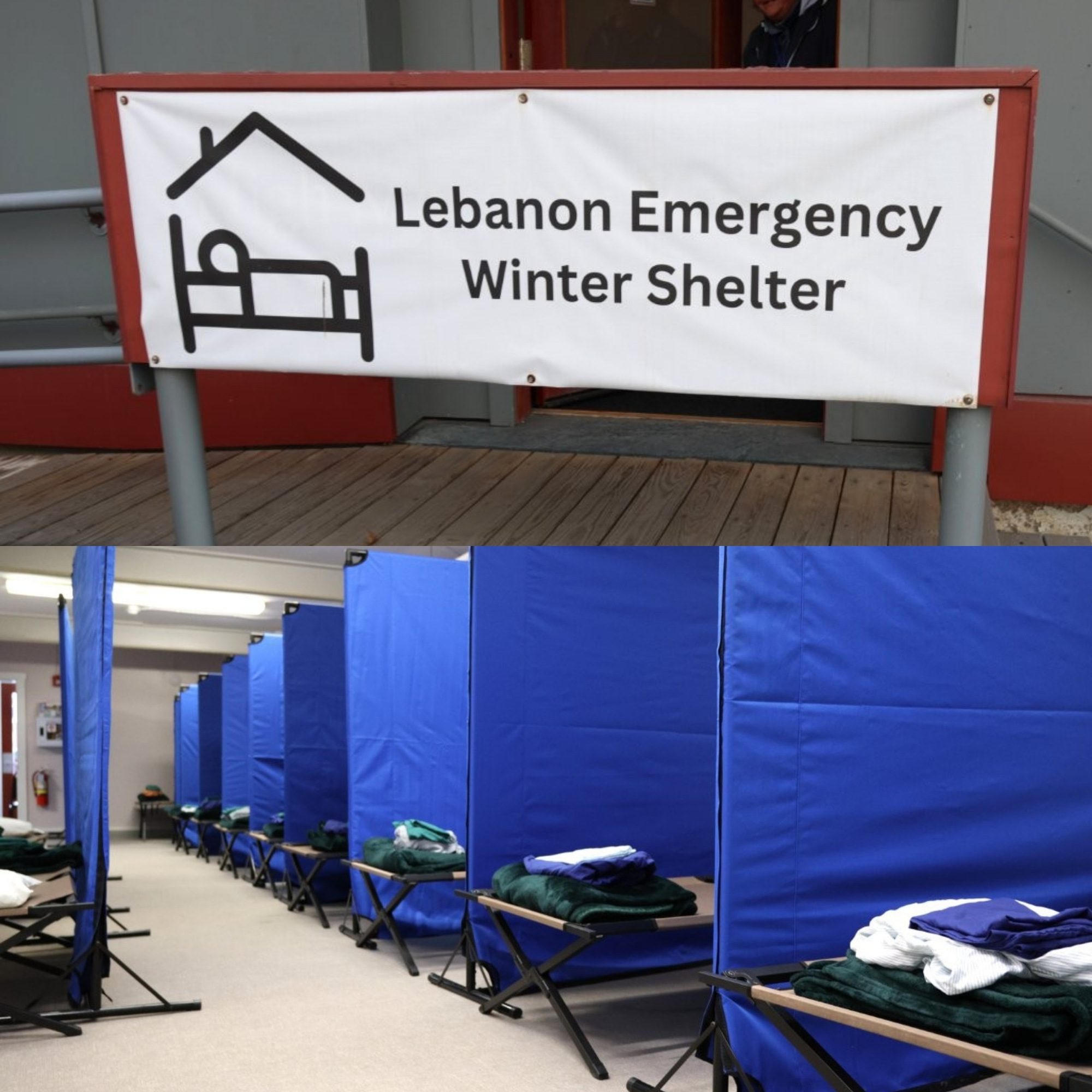 Top photo shows the sign for the seasonal shelter, reading "Lebanon Emergency WInter Shelter", bottom photo of a line of cots inside the shelter with blue room dividers between each.