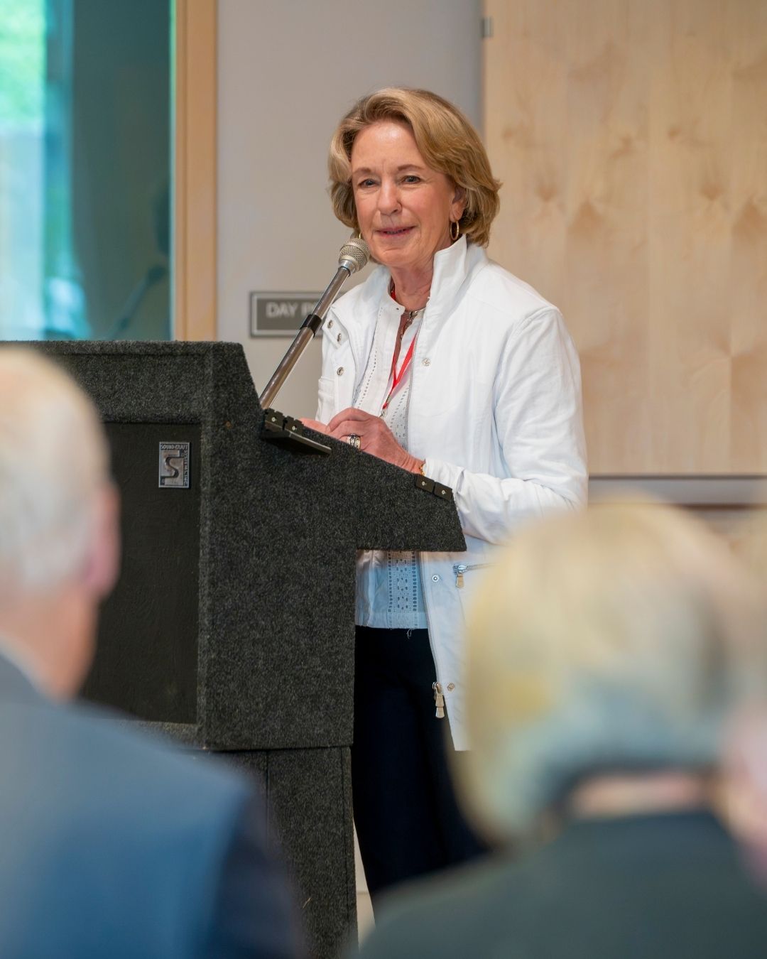 Board President Kathy Welling speaks at the Leahy dedication event.
